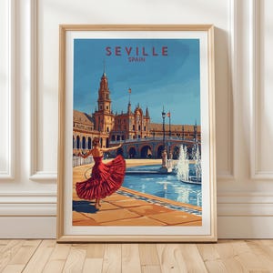 Seville Spain Travel Poster Featuring Flamenco Dancer at Plaza de España With Historic Architecture and Fountain Wall Art Print, Gift Idea