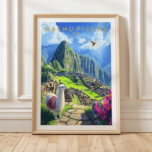 Machu Picchu Peru Wall Art Print Incan Ruins Llama Poster Vibrant Mountain Landscape Travel Decor Andean Culture Souvenir Illustration, Gift