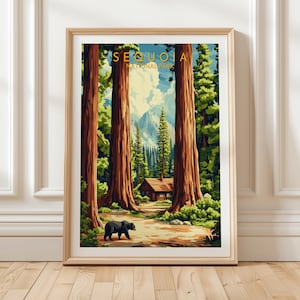 Sequoia National Park Poster Featuring Giant Redwood Trees, Mountain Cabin and Black Bear in Scenic Forest Landscape for Nature Wall Art