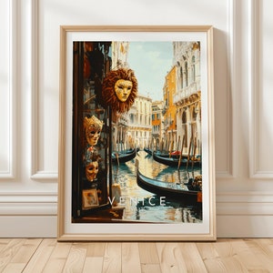 Venice Italy Wall Art Print with Gondola Canal View and Carnival Masks Vintage Travel Poster for Italian Home Decor, Anniversary Gift Idea