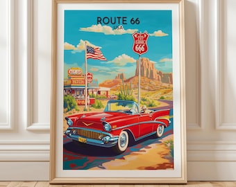Route 66 Poster Featuring Classic Red Convertible and Vintage Diner Signs on Scenic Desert Highway for Retro Americana Wall Art, Gift Idea