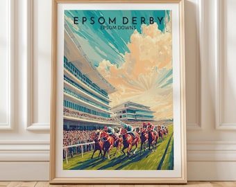 Epsom Derby Wandkunst mit Pferderennen an gepackten Tribünen in Epsom Downs unter einem strahlenden Retro-Himmel für sportliche Dekoration, Geschenkidee