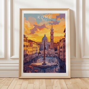 Stampa artistica di paesaggio urbano di Roma, Italia, con vista sulla piazza, tramonto, cielo, cupola, architettura e punto di riferimento storico, poster da viaggio per l'arredamento della casa, idea regalo