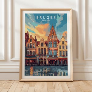 Bruges Belgium Travel Poster with Colorful Canal Houses, Historic Architecture and Sunset Sky, European Cityscape Wall Art Print Decor, Gift