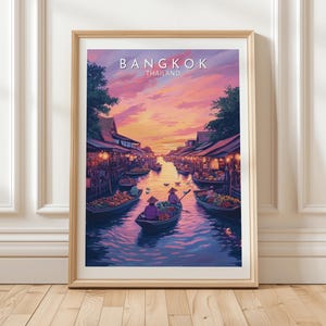 Bangkok Thailand Travel Art Print Featuring Floating Market at Sunset with Traditional Boats Vibrant Stalls and Serene Water Reflections