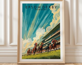 Epsom Derby Pferderennen Kunstdruck mit Jockeys vorbei an der Tribüne auf Epsom Downs unter mutigem Retro Himmel Drama, einzigartiges Geschenk