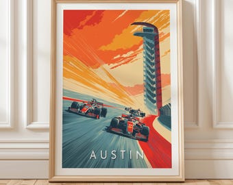 Dynamisk Austin F1-affisch, Circuit of the Americas Grand Prix-väggkonst, retro motorsport-resetavla för racingfans, present