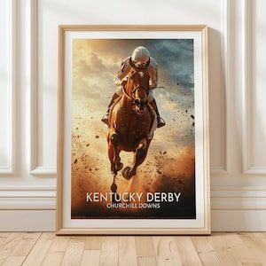Kentucky Derby Churchill Downs Horse Racing Wall Art Print Featuring Galloping Thoroughbred with Jockey in Dusty Race Scene, Unique Gift