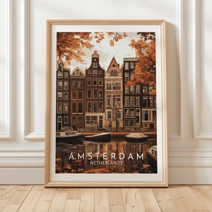 Cartaz de viagem de Amsterdã, Holanda, com vista para o canal no outono, cartaz de viagem da Holanda, impressão de Amsterdã, bicicletas e barcos, arte de parede da Europa