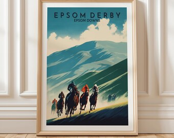 Epsom Derby Pferderennen Wandkunst mit Jockeys in Bewegung bei Epsom Downs Gegen dramatische Hänge für sportliches Zuhause oder Büro Dekor, Geschenk
