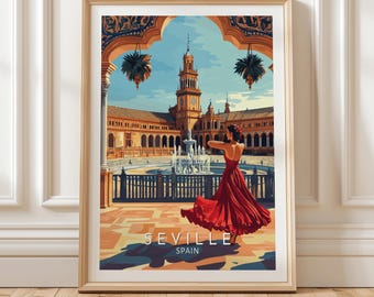Seville Spain Travel Poster Plaza de España Flamenco Dancer Vintage Style Wall Art Print Spanish Architecture Cultural Home Decor, Gift Idea