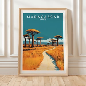 Madagascar Africa Baobab Tree Landscape Art Print with Golden Savannah Path Exotic Travel Poster for Safari or Adventure Wall Decor, Gift