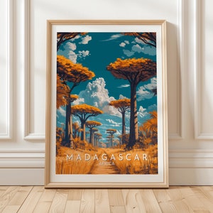 Madagascar Africa Baobab Forest Wall Art Print with Golden Grass Trail Exotic Tropical Landscape Poster for Nature Inspired Decor, Gift Idea