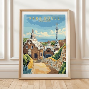 Park Guell Barcelona Wall Art Print Featuring Iconic Mosaic Buildings Curved Benches and Ocean View in Vibrant Gaudí Inspired Colors, Gift