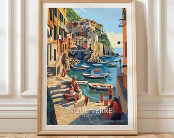 Cinque Terre Italy Summer Coastal Art Print with Colorful Cliffside Village and Boats – Mediterranean Travel Wall Decor, Gift
