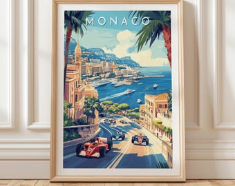 Monaco Grandprix Racing Wandkunst mit Formel-1-Autos, die durch die Straßen der Küstenstadt fahren, mit Blick auf das Mittelmeer, Geschenkidee