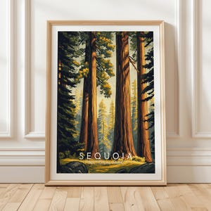 Sequoia National Park Poster Featuring Towering Redwoods in Warm Golden Forest Light for Nature-Inspired Wall Art and Outdoor Escape Vibes