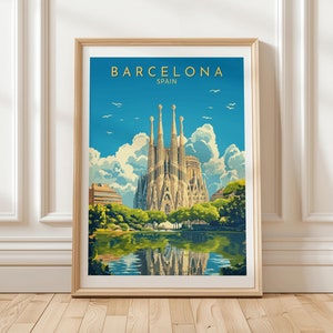 Barcelona Spanien Reiseplakat mit Sagrada Familia Kirche, Park Spiegelung und Helle Stadt Skyline, Mediterran Wand Kunst für Dekor