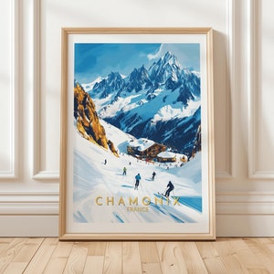 Chamonix France Ski Resort Travel Poster Featuring Snow Covered Alps Mountain Slopes with Skiers and Cozy Alpine Lodge in Winter Scene, Gift