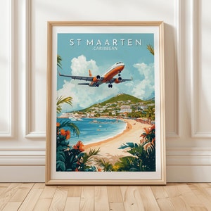 St Maarten Karibik Reise Poster mit Flugzeug Landung über Strand Wand Kunst für Tropical Island Lovers, Einzigartiges Geschenk