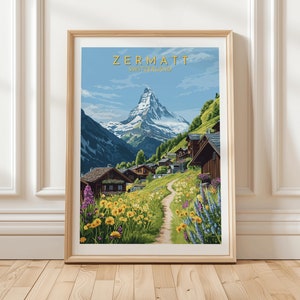 Zermatt Switzerland Mountain Art Print Featuring Matterhorn Peak and Alpine Chalets in Colorful Wildflower Landscape, Anniversary Gift