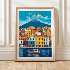 Naples Italy Art Print Featuring Colorful Waterfront Buildings and Boat Scene with Majestic Mount Vesuvius in the Background View, Gift