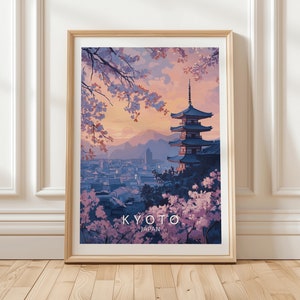 Kyoto Japan Cherry Blossom Wall Art Print with Pagoda at Sunset Traditional Japanese Cityscape Poster for Home or Travel Decor, Travel Gift