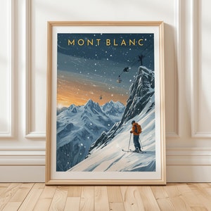 モンブラン フランス旅行ポスター。雪山の斜面を滑るスキーヤーとゴンドラ ケーブルカー、アルプスの夕焼け風景を描いたアドベンチャーギフト。