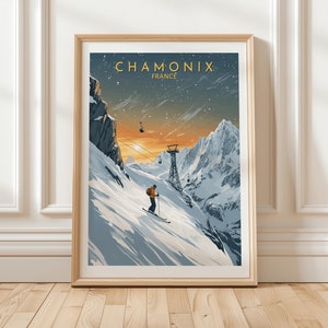 Chamonix France Mountain Landscape Art Print Featuring Skier on Snowy Alps Slope at Sunset with Gondola and Dramatic Peaks View, Ski Gift