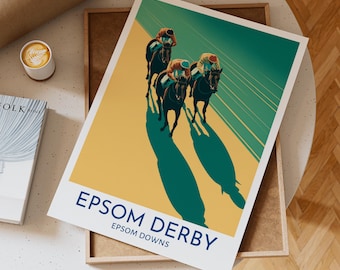Epsom Derby Overhead Racing Kunstdruck mit gerahmtem Stil mit Pferden in Bewegung und kräftigen Schatten auf der Epsom Downs Pferderennbahn, Geschenkidee
