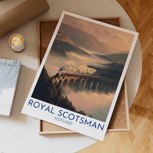 Royal Scotsman Train Poster Featuring Steam Locomotive on Glenfinnan Viaduct Surrounded by Morning Mist in the Scottish Highlands Landscape