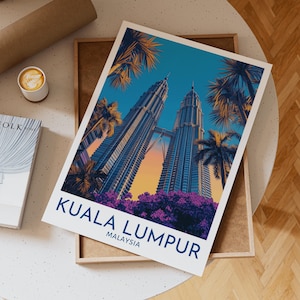Kuala Lumpur Twin Towers Print Malaysia Wall Art Skyline Poster with Sunset Palms Tropical Modern Home Decor City Architecture Gift