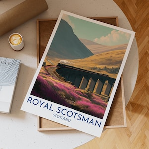 Royal Scotsman Train Wall Art Featuring Vintage Steam Locomotive on Viaduct Surrounded by Heather Fields and Scottish Highlands, Gift Idea
