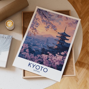 Kyoto Japan Travel Poster Wall Art Print with Cherry Blossoms and Pagoda at Sunset Traditional Asian Landscape Home Decor, Romantic Gift