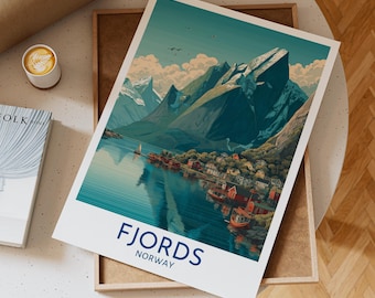 Fjords Norway Wall Art Print Featuring Colorful Nordic Coastal Village with Red Cabins, Snowy Peaks, and Serene Reflections for Travel Decor