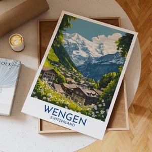 Wengen Switzerland Poster with Chalet Village, Wildflowers, Snowy Alps and Mountain Valley Landscape Wall Art Print, Unique Gift Idea