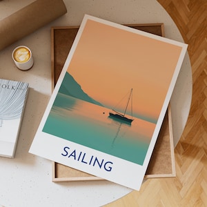 Sailing Wall Art Print Featuring Peaceful Sailboat on Calm Sea at Sunset with Orange Sky and Coastal Mountain Horizon, Sailor Gift