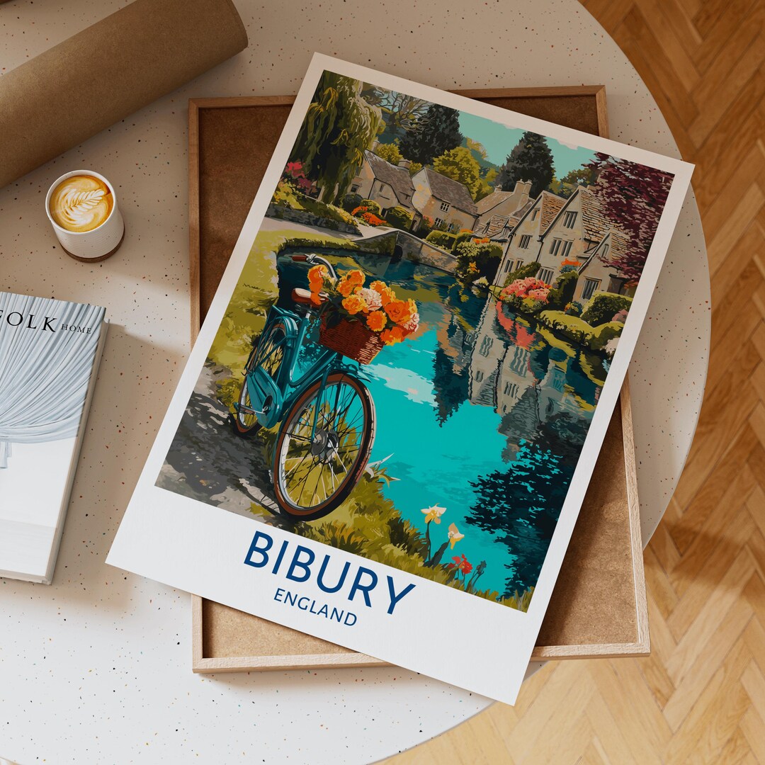 Bibury England Travel Poster With Vintage Bicycle and Flower Basket ...