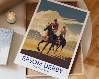 Epsom Derby Pferderennen-Poster mit Jockeys auf der Parade in Epsom Downs mit Vintage Art Style und warmem Ambiente bei Sonnenuntergang, einzigartige Geschenkidee