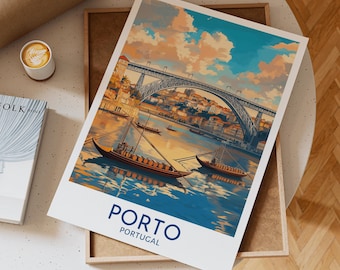 Vintage Boats on Douro River with Dom Luís I Bridge and Colorful Porto Hillside Showcasing Portugal’s Coastal Cityscape Charm, Unique Gift