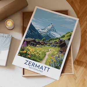 Zermatt Switzerland Mountain Village Art Print Featuring Matterhorn Peak Rustic Chalets Alpine Meadow and Blooming Wildflowers, Gift Idea