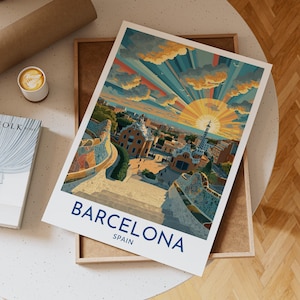 Barcelona Spain Travel Wall Art Featuring Park Güell Mosaic Tile Benches with Sunrise Sky and Gaudí Architecture Overlooking City, Gift Idea