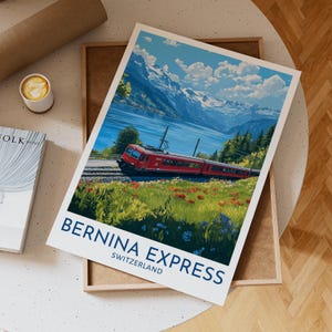Bernina Express Switzerland Wall Art Featuring Red Train Along Alpine Lake with Snowy Mountains and Wildflowers in Summer, Gift Idea