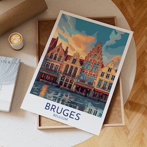 Bruges Belgium Travel Poster with Colorful Canal Houses, Historic Architecture and Sunset Sky, European Cityscape Wall Art Print Decor, Gift