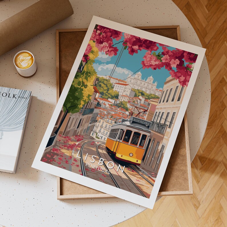 Digital illustration of Lisbon, Portugal, showcasing the iconic yellow tram 28 winding through the flower-lined streets of Alfama. Pink bougainvillea hangs overhead, framing a cobblestone road with traditional buildings on either side. In the background, the São Vicente de Fora church rises above the red rooftops, completing this vibrant, romantic scene of Lisbon’s historic charm and beauty.