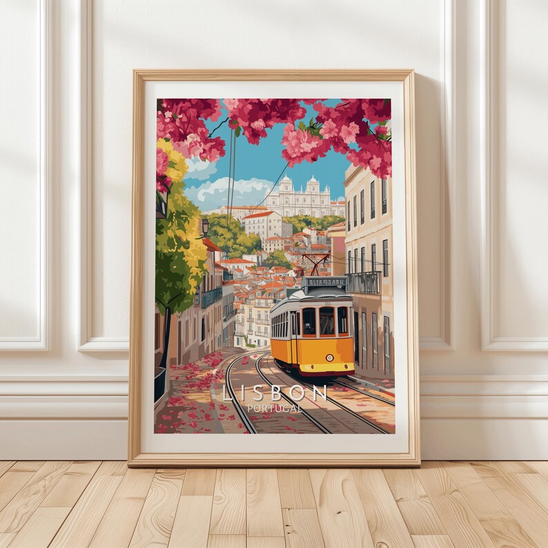 Digital illustration of Lisbon, Portugal, showcasing the iconic yellow tram 28 winding through the flower-lined streets of Alfama. Pink bougainvillea hangs overhead, framing a cobblestone road with traditional buildings on either side. In the background, the São Vicente de Fora church rises above the red rooftops, completing this vibrant, romantic scene of Lisbon’s historic charm and beauty.