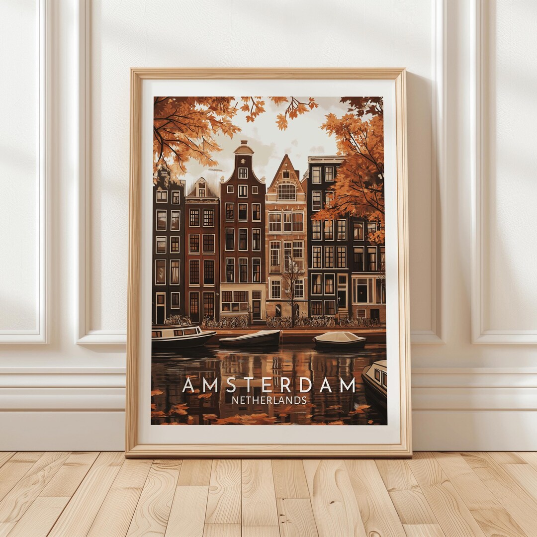 Vintage Amsterdam Travel Poster Print, Iconic Netherlands Canal Houses ...