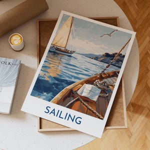 Sailing Nautical Art Print Featuring Wooden Sailboats On Calm Blue Sea With Seagull Coastal Cliffs And Maritime Wall Decor, Sailor Gift