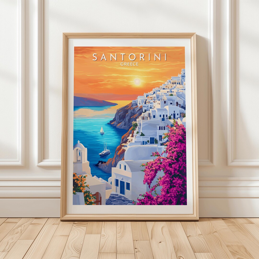 Santorini Greece Art Print Featuring White Cliffside Homes With Vibrant ...