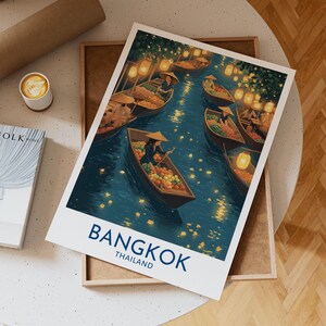 Bangkok Thailand Floating Market Poster With Lanterns Night River Tropical Fruit Boat Asian Wall Art, Asian Street Market, Asia Travel Gift
